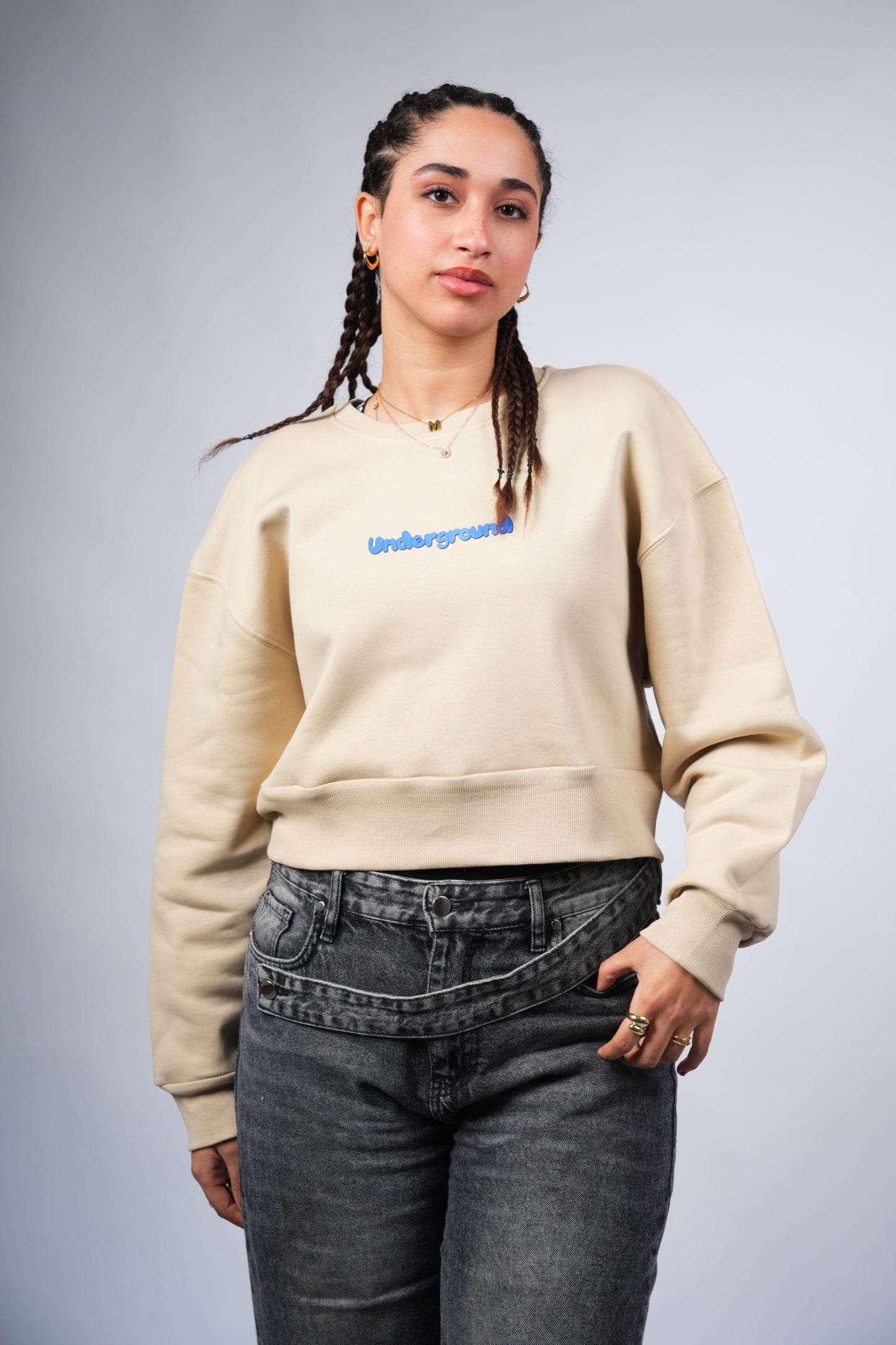 “Underground” Cropped Crewneck printed Beige