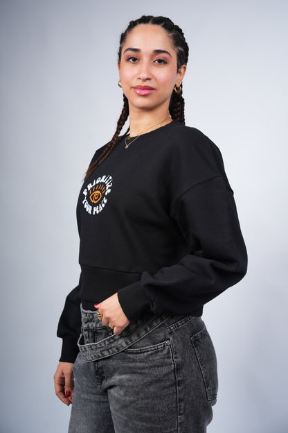 “PRIORITIZE YOUR PEACE” Cropped Crewneck printed Black