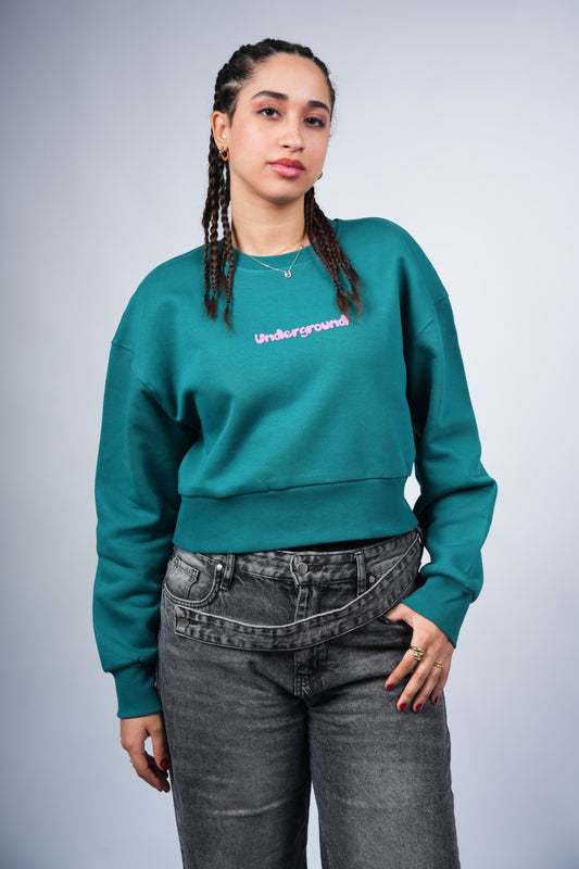 “Underground” Cropped Crewneck printed Teal Green