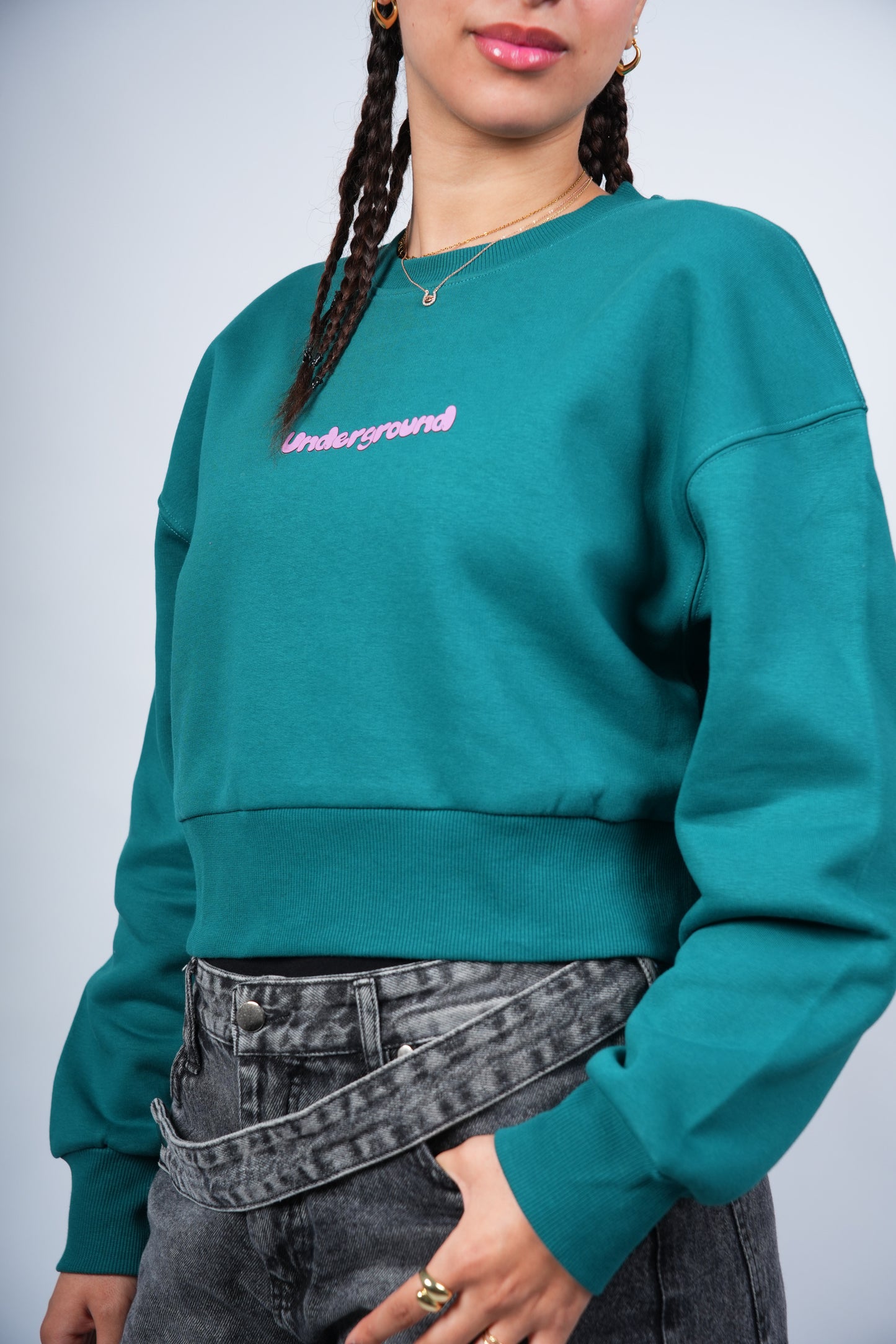 “Underground” Cropped Crewneck printed Teal Green