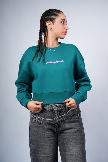 “Underground” Cropped Crewneck printed Teal Green