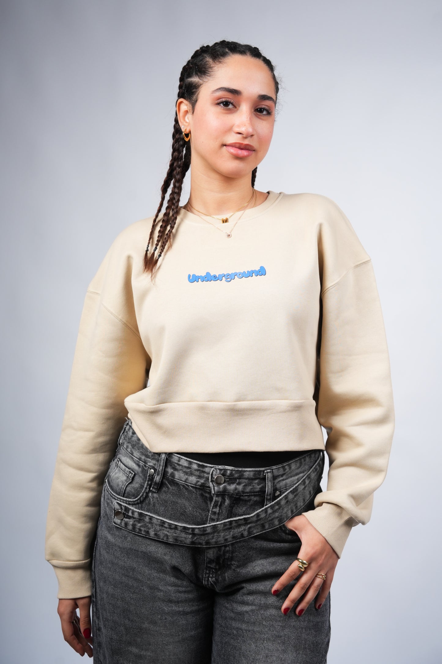 “Underground” Cropped Crewneck printed Beige