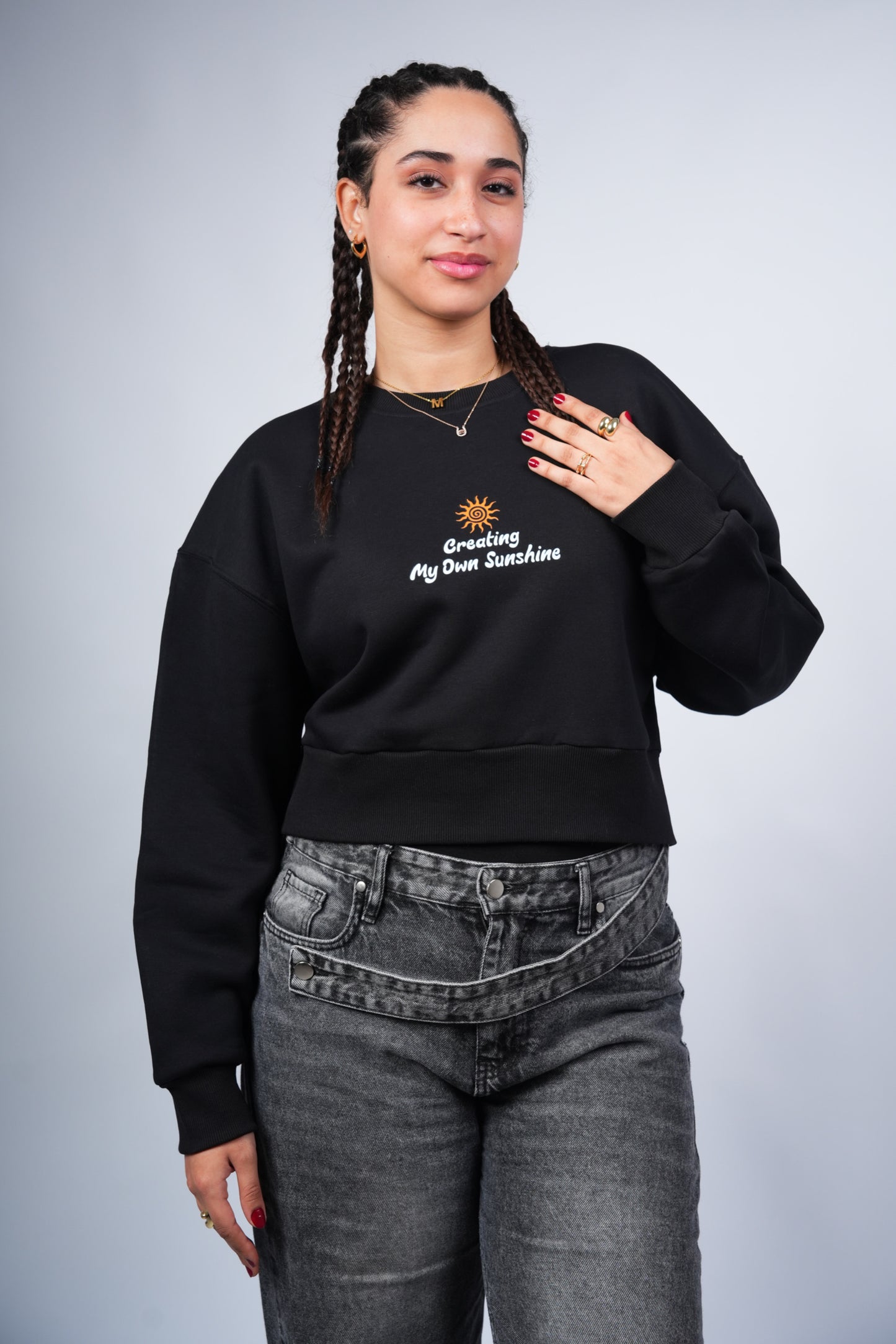 “Creating My Own Sunshine” Cropped Crewneck printed Black