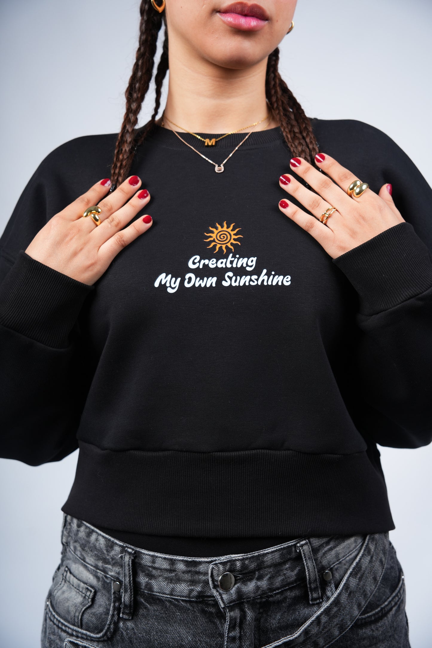 “Creating My Own Sunshine” Cropped Crewneck printed Black