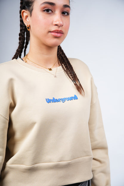 “Underground” Cropped Crewneck printed Beige